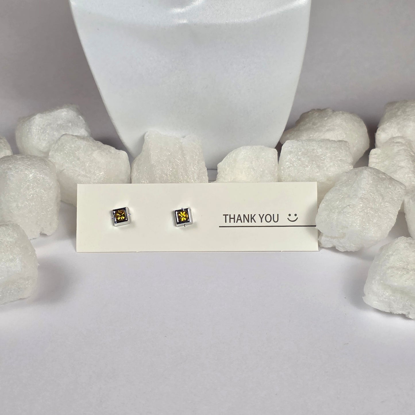 Silver Square Yellow Crystal Center Stud Earrings A45