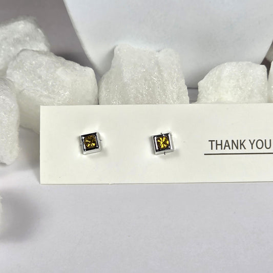 Silver Square Yellow Crystal Center Stud Earrings A45