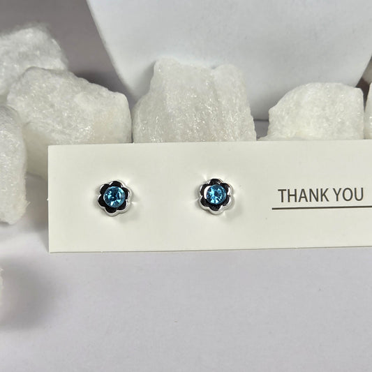 Silver Flower Blue Crystal Center Stud Earrings A43