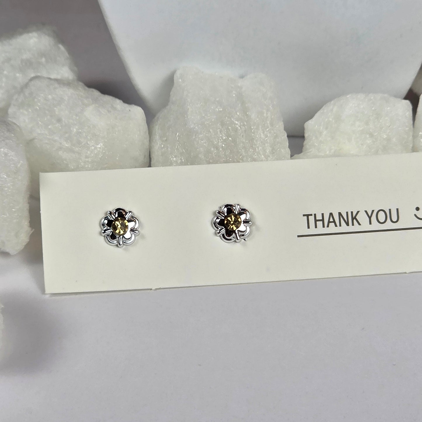 Silver Flower Clear Crystal Center Stud Earrings A42