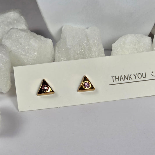 Gold Triangle Black Enamel Pink Crystal Stud Earrings A41