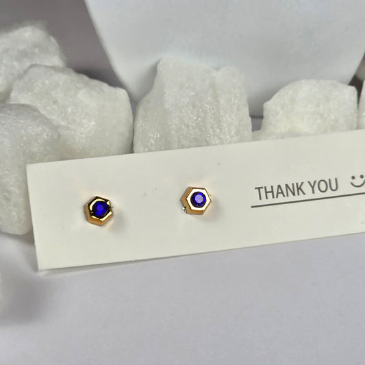 Gold Hexagon Blue Crystal Center Stud Earrings A40
