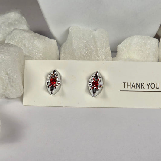 Silver Marquise Red Crystal Ornate Stud Earrings A38