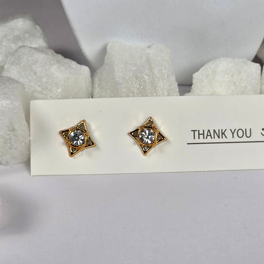 Gold Diamond Square Clear Crystal Center Stud Earrings A36