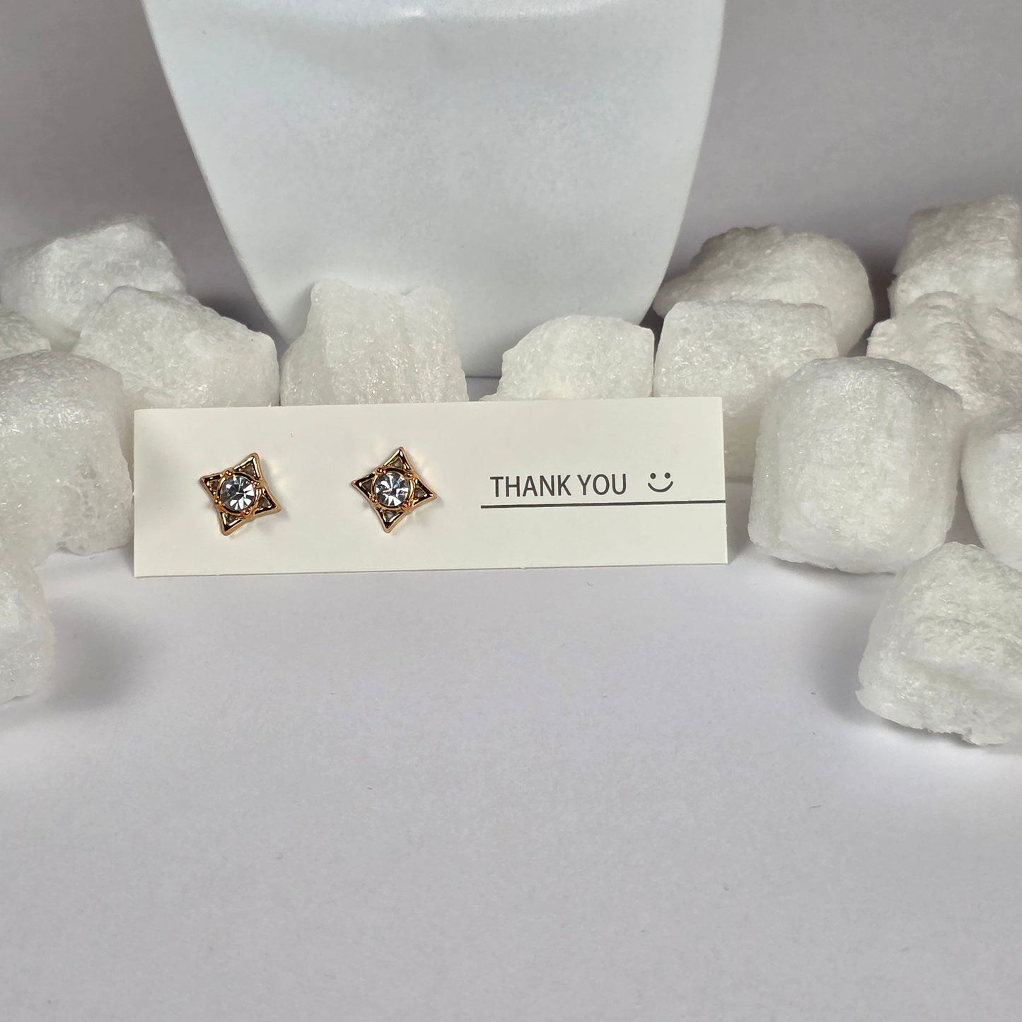 Gold Diamond Square Clear Crystal Center Stud Earrings A36