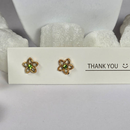 Gold Flower Green Crystal Stud Earrings A30