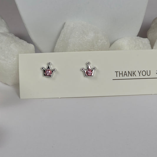Silver Crown Pink Crystal Stud Earrings A29