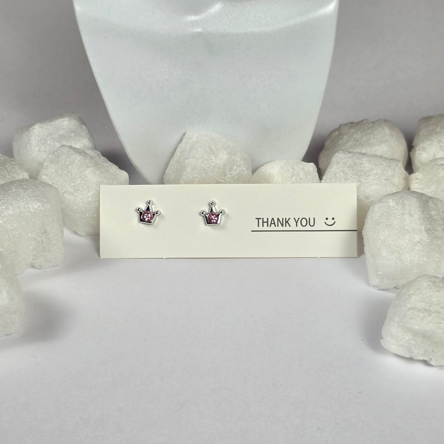 Silver Crown Pink Crystal Stud Earrings A29