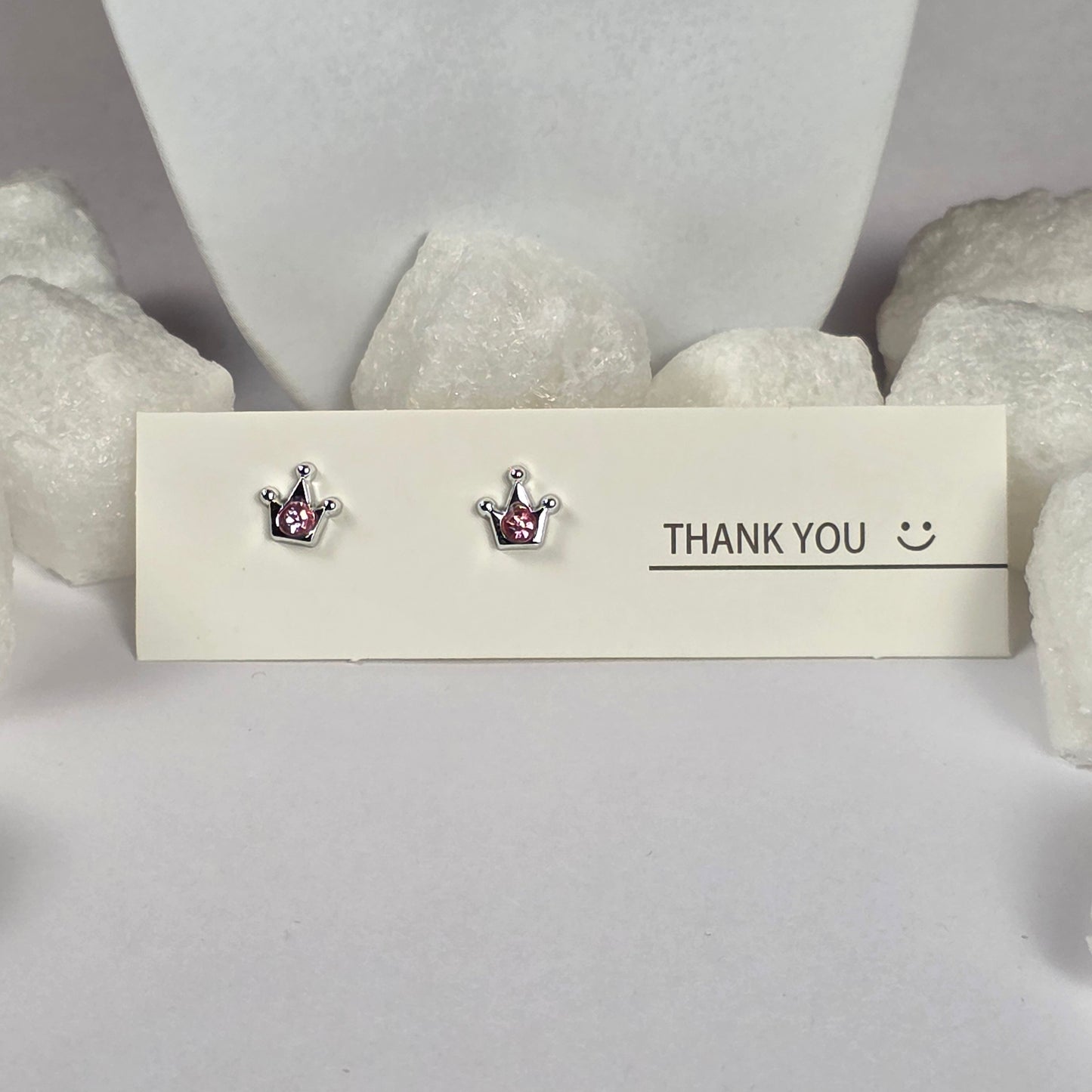 Silver Crown Pink Crystal Stud Earrings A29