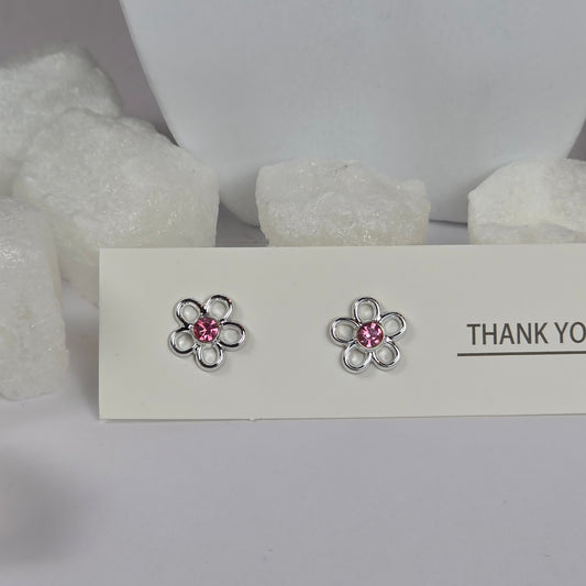 Silver Flower Pink Crystal Stud Earrings A27