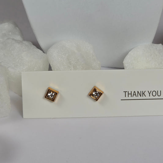 Gold Square Clear Crystal Stud Earrings A25