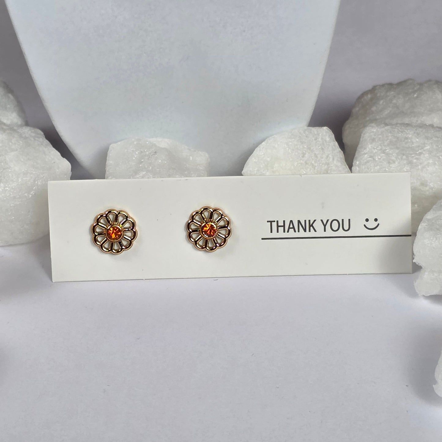 Gold Flower Orange Crystal Stud Earrings A22