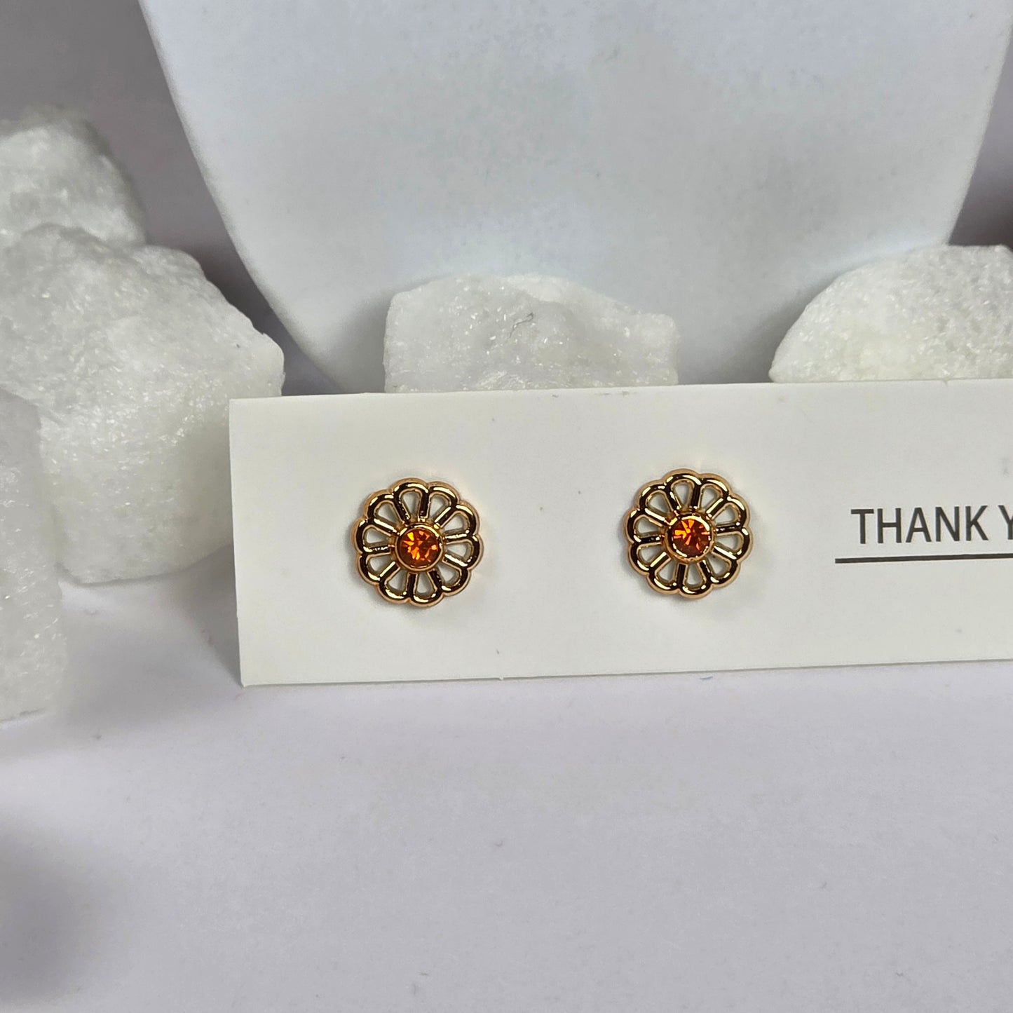 Gold Flower Orange Crystal Stud Earrings A22