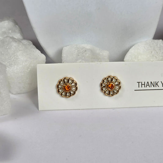 Gold Flower Orange Crystal Stud Earrings A22