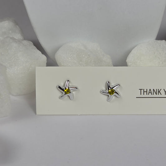 Silver Starfish Yellow Crystal Stud Earrings A19