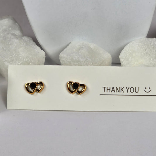 Gold Double Heart Black Enamel Stud Earrings A15