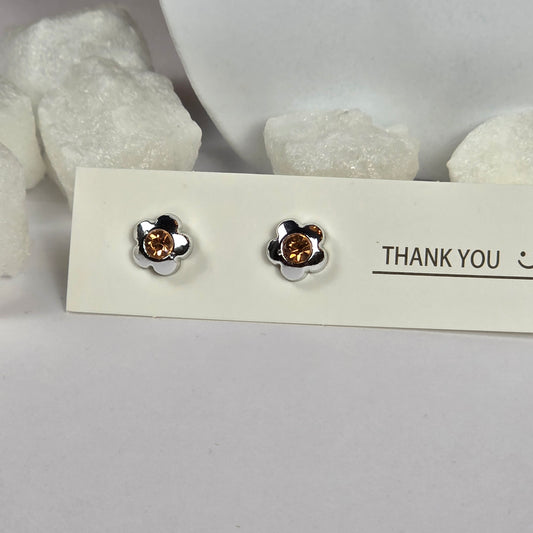 Silver Flower Brown Crystal Stud Earrings A13
