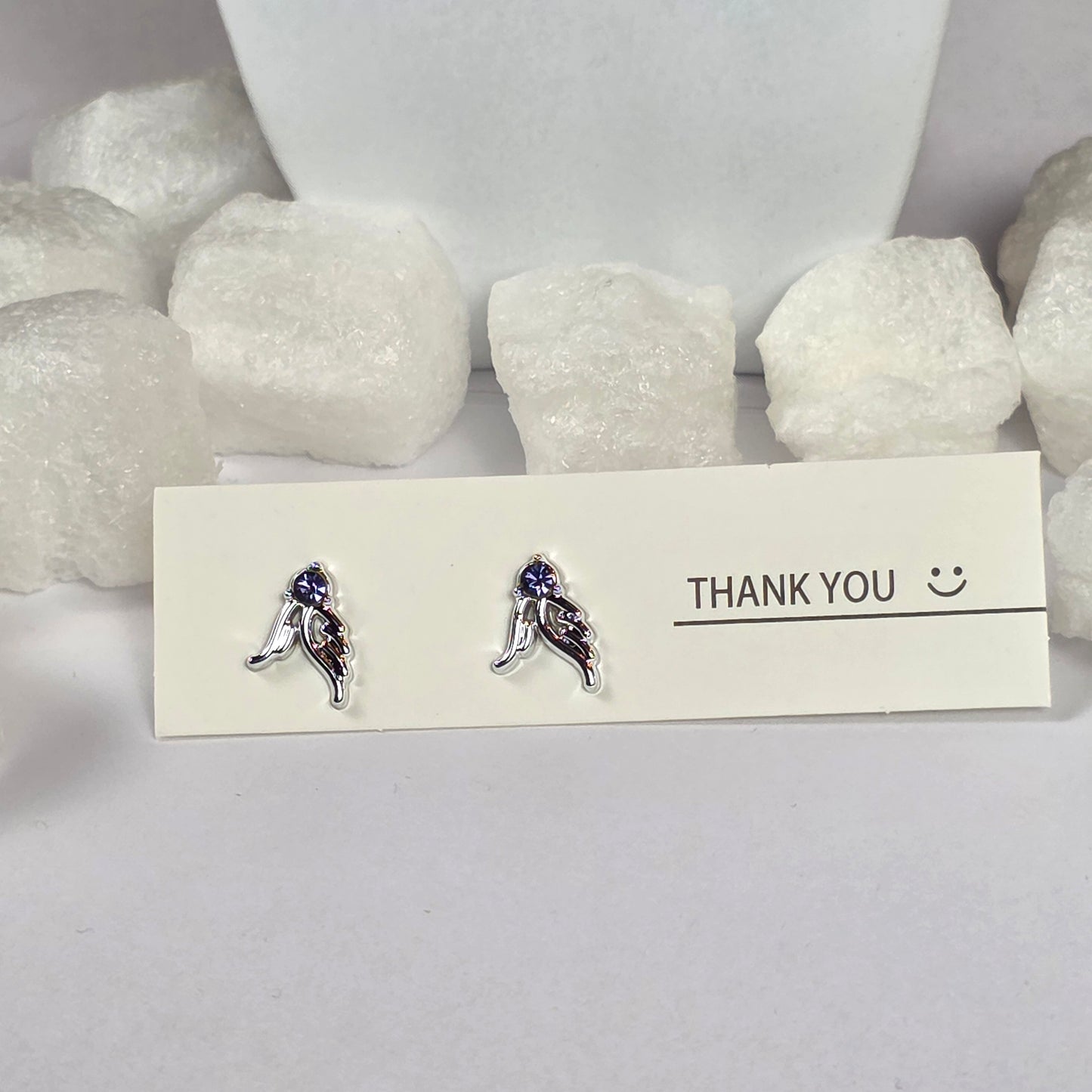 Silver Angel Wing Purple Crystal Stud Earrings A8