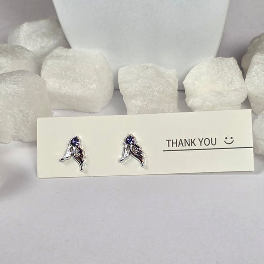 Silver Angel Wing Purple Crystal Stud Earrings A8