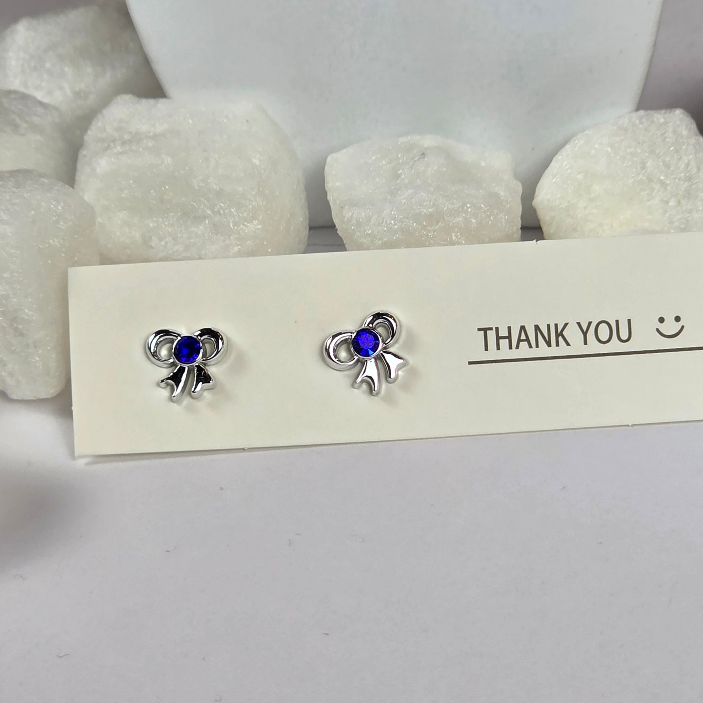 Silver Bow Blue Crystal Stud Earrings A7