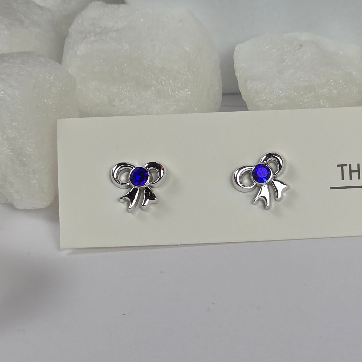 Silver Bow Blue Crystal Stud Earrings A7