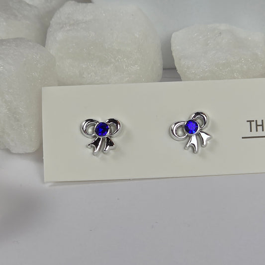 Silver Bow Blue Crystal Stud Earrings A7