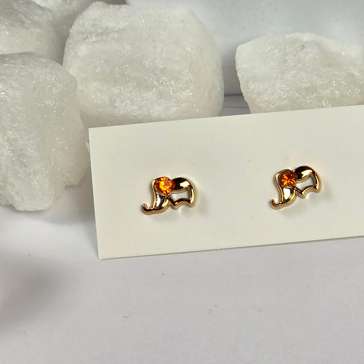 Gold Elephant Orange Crystal Stud Earrings A6