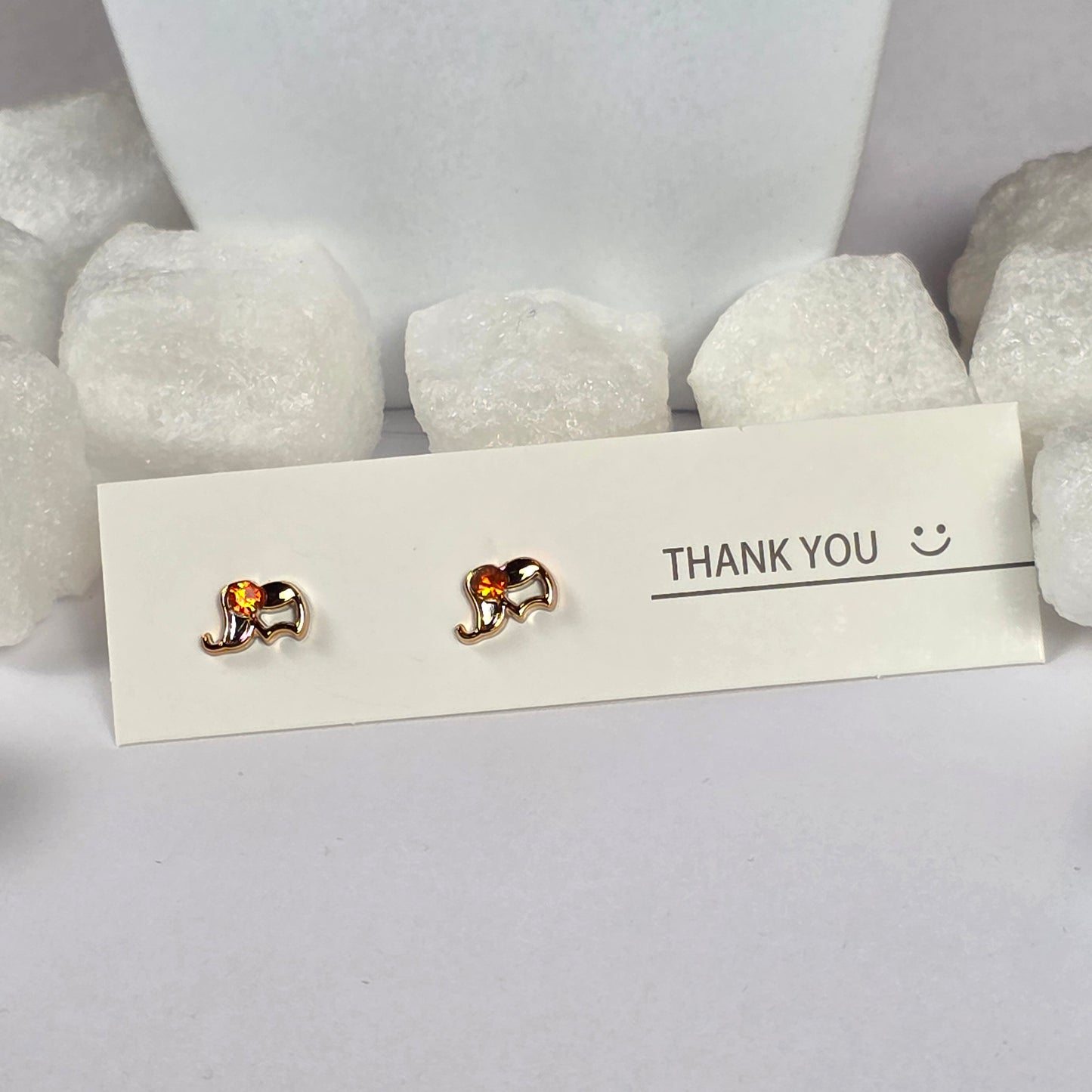 Gold Elephant Orange Crystal Stud Earrings A6