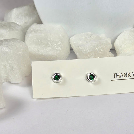 Silver Hexagon Green Crystal Stud Earrings A4