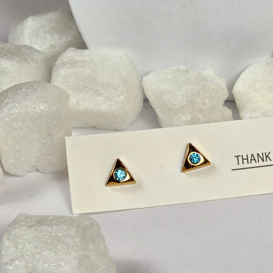 Gold Triangle Blue Crystal Stud Earrings  A3