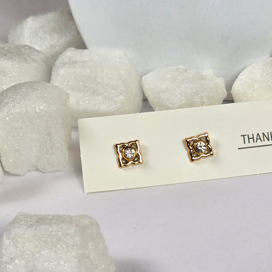 Gold Square Clear Crystal Ornate Stud Earrings A1