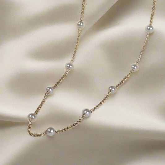 Gold Pearl Chain Necklace - Delicate Layered Necklace with White Pearls