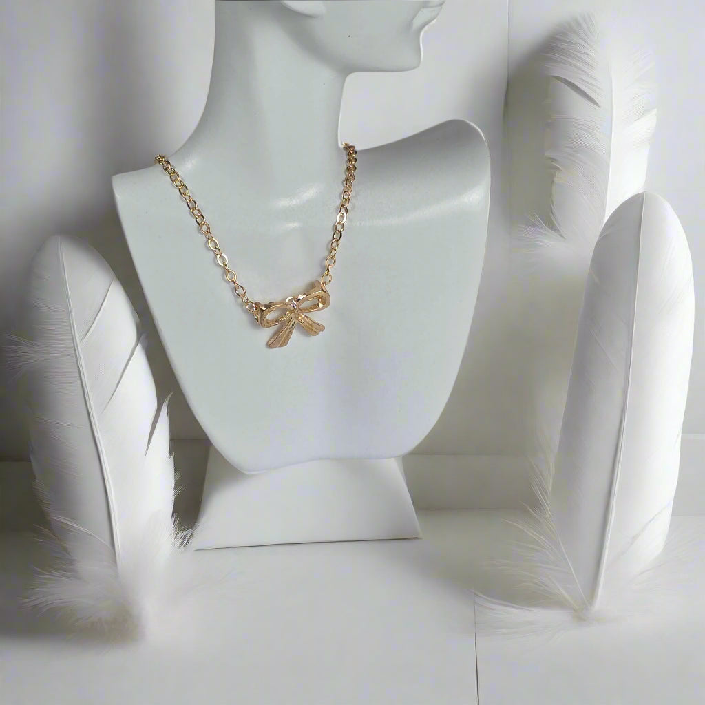Gold Bow Necklace - Delicate Chain Necklace with Ribbon Charm