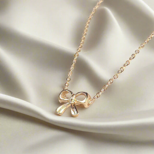 Gold Bow Necklace - Delicate Chain Necklace with Ribbon Charm
