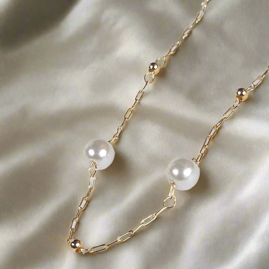 Gold Pearl Link Chain Necklace - Long Layered Necklace with White Pearls and Gold Beads