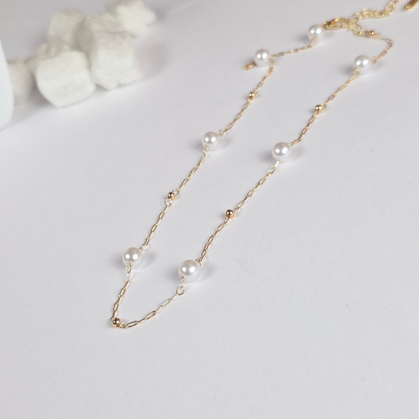 Gold Pearl Link Chain Necklace - Long Layered Necklace with White Pearls and Gold Beads