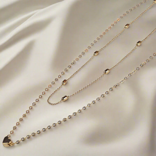 Gold Layered Chain Necklace Set - Multi-Strand Necklace with Heart Pendant and Beaded Chains