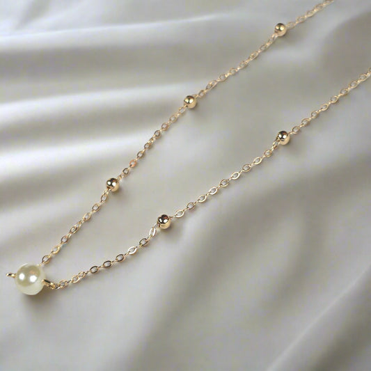 Gold Beaded Chain Necklace Set - Layered Necklace with Pearl Pendant and Gold Beads