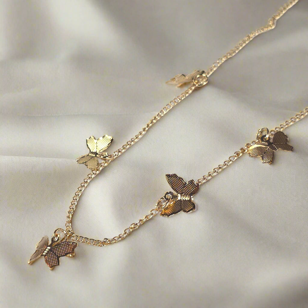 Gold Butterfly Chain Necklace Set - Layered Necklace with Textured Butterfly Charms