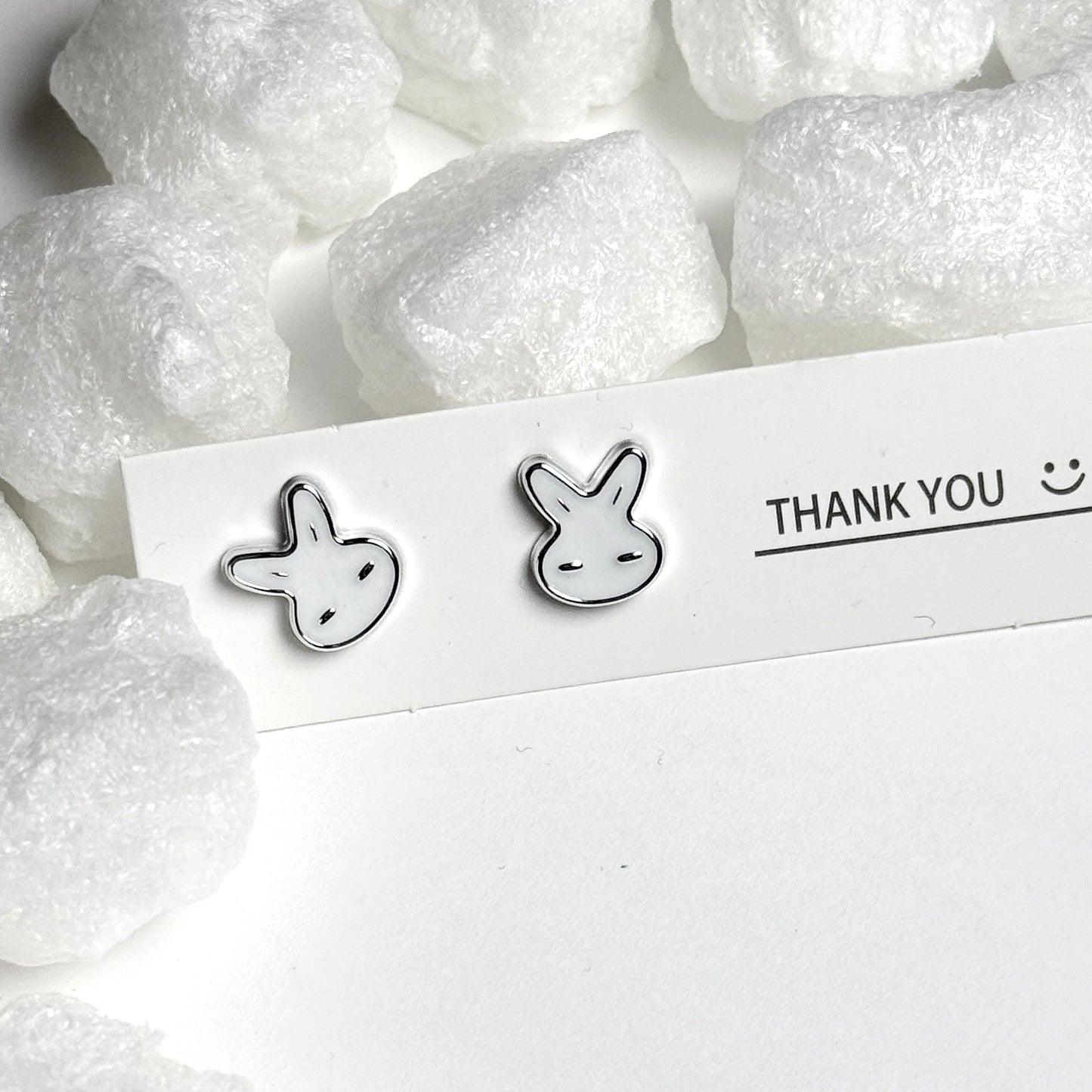 White Enamel Bunny Face Silver Stud Earrings