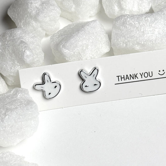 White Enamel Bunny Face Silver Stud Earrings