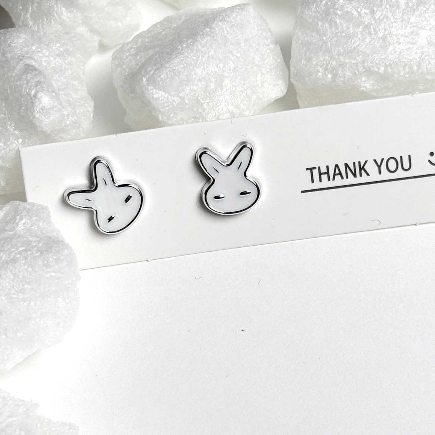 White Enamel Bunny Face Silver Stud Earrings