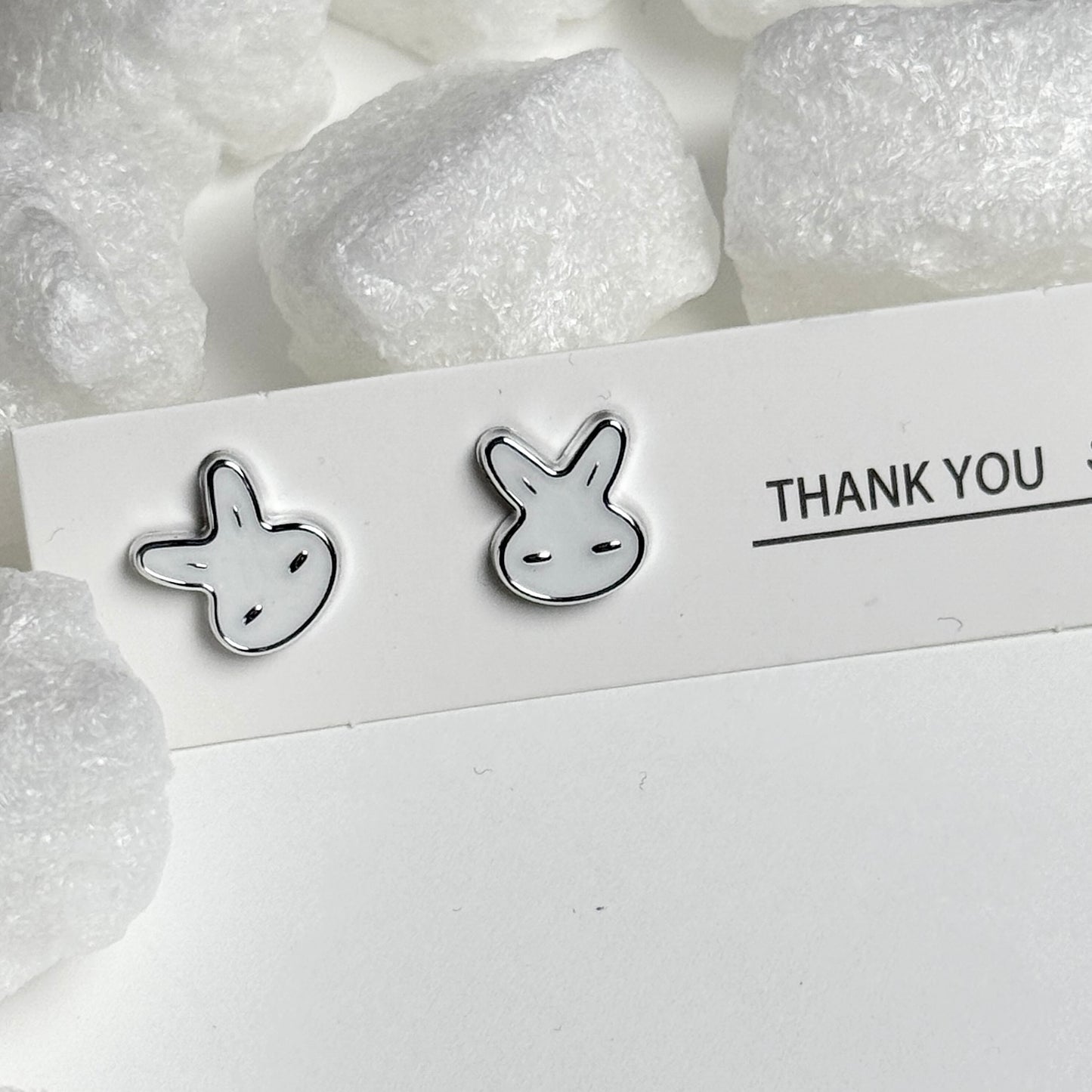 White Enamel Bunny Face Silver Stud Earrings