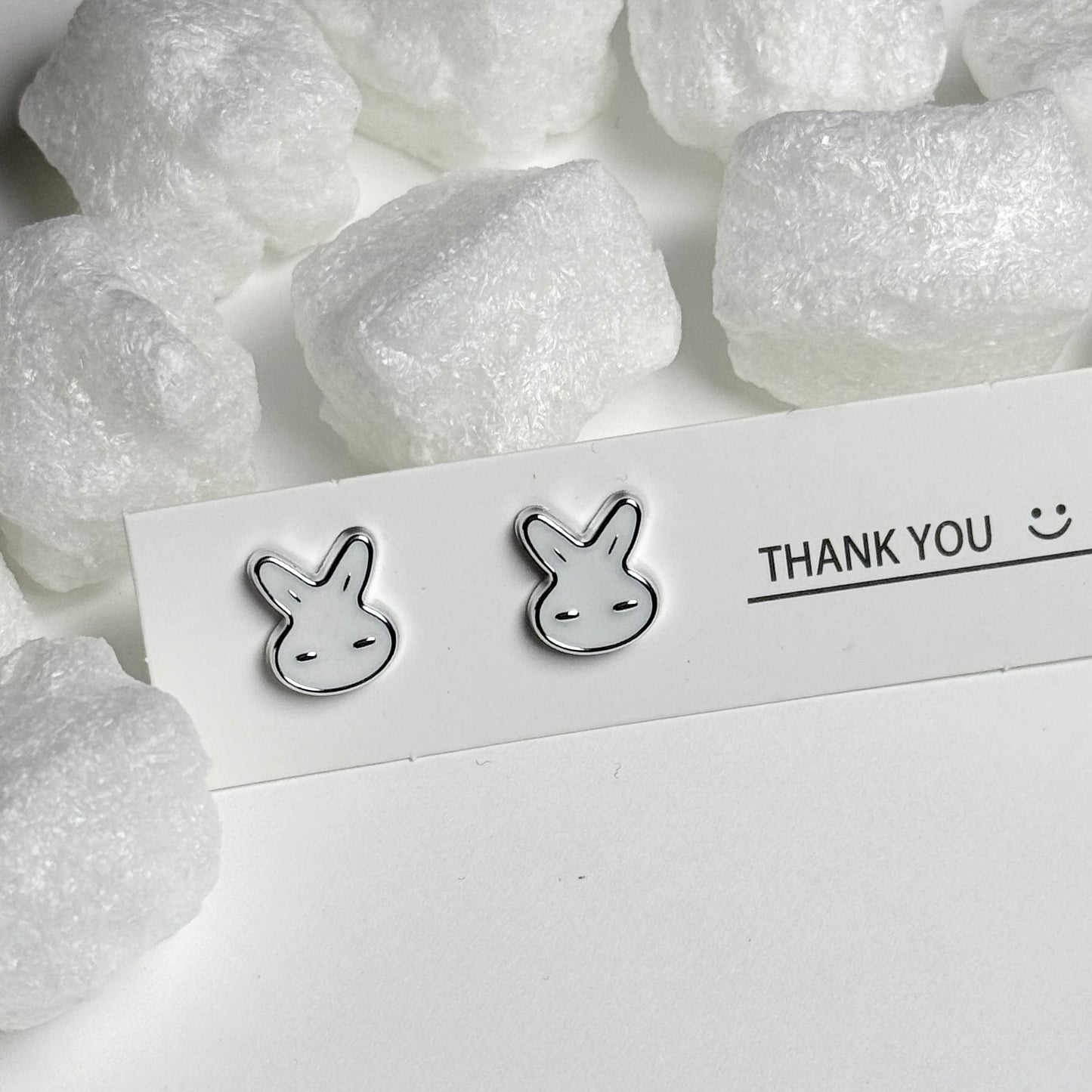 White Enamel Bunny Face Silver Stud Earrings