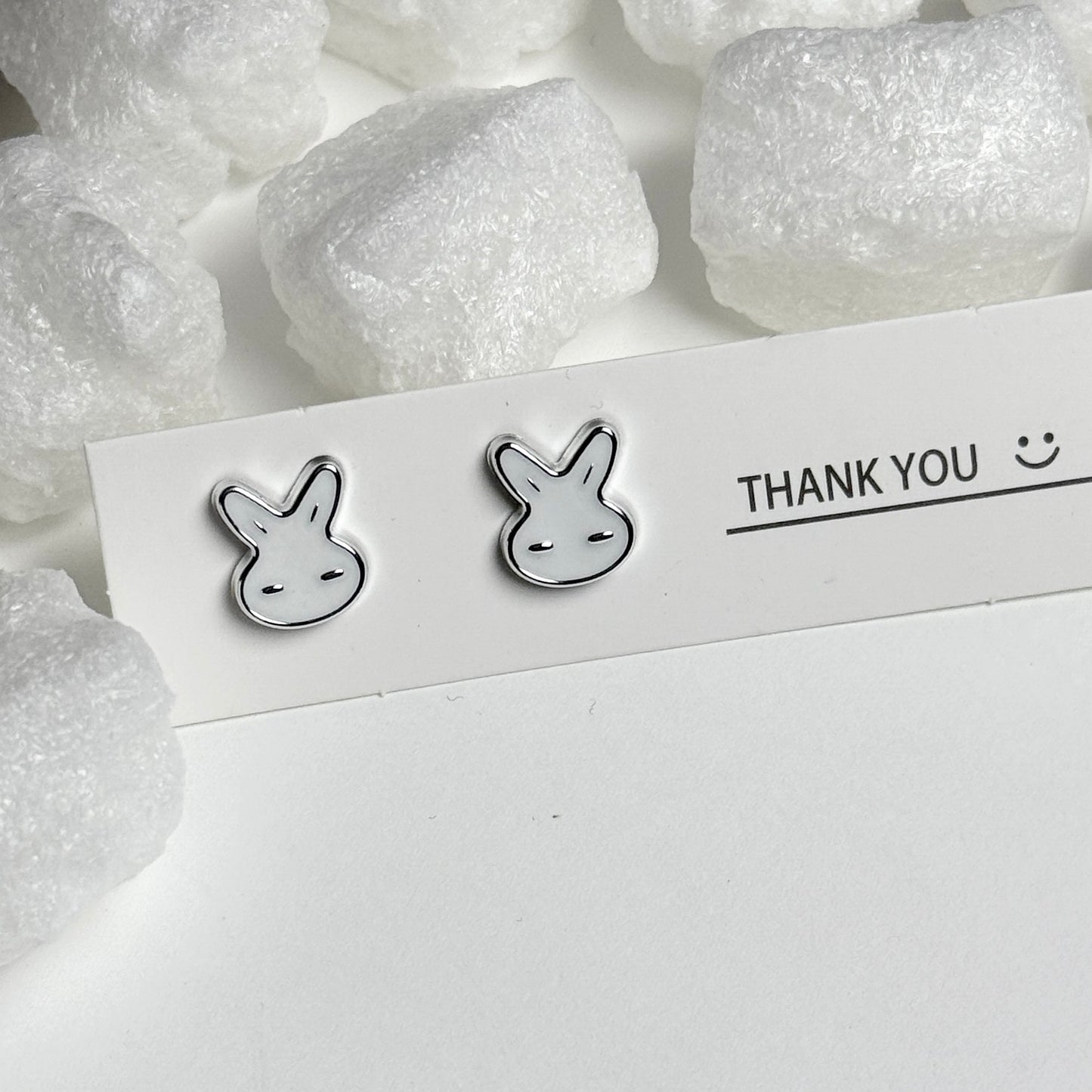 White Enamel Bunny Face Silver Stud Earrings