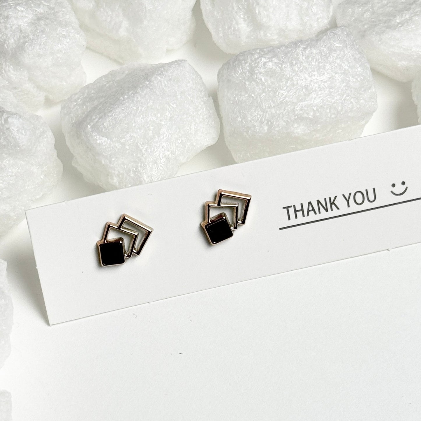 Black Enamel Triple Square Golden Frame Stud Earrings G