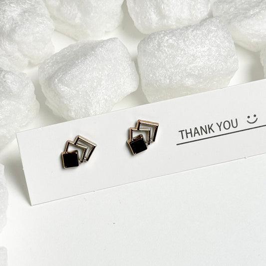 Black Enamel Triple Square Golden Frame Stud Earrings G