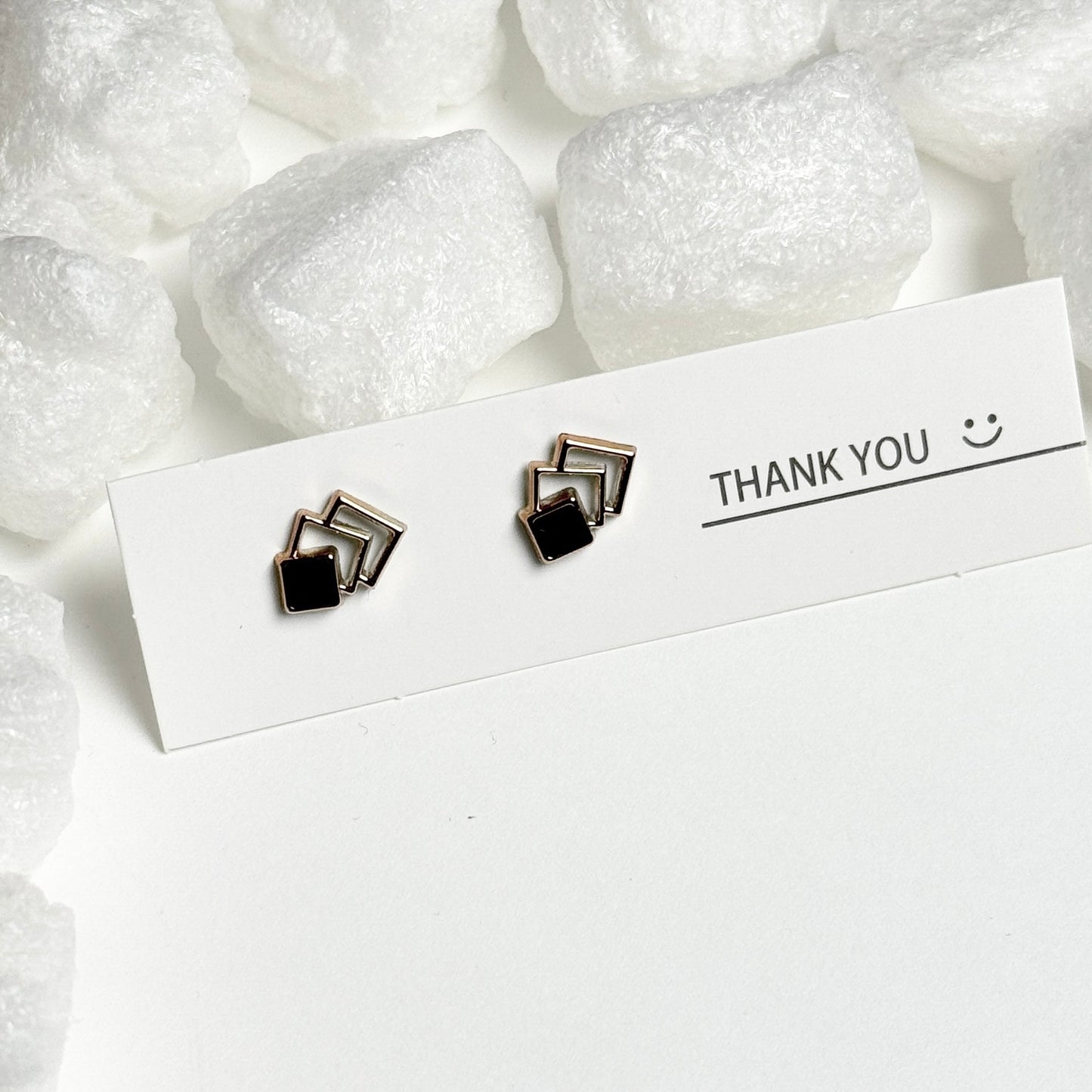 Black Enamel Triple Square Golden Frame Stud Earrings G