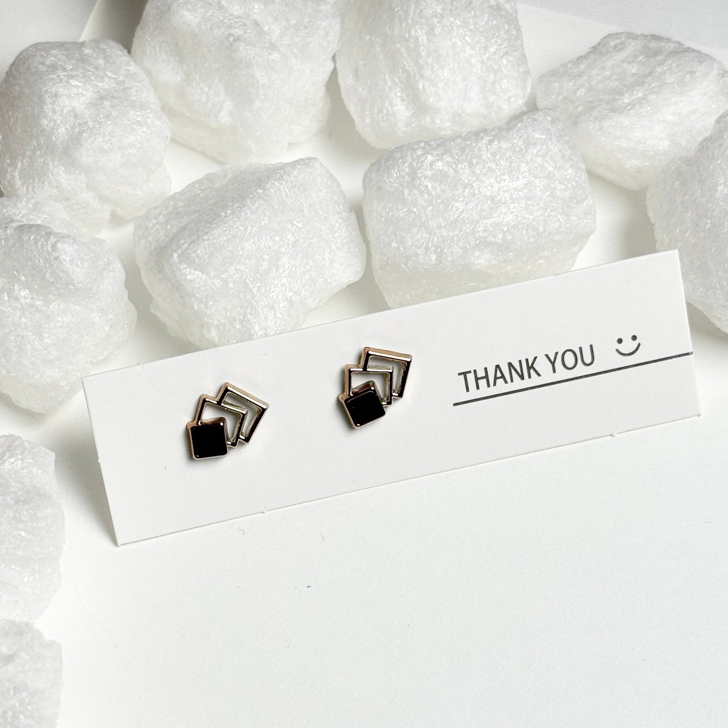 Black Enamel Triple Square Golden Frame Stud Earrings G