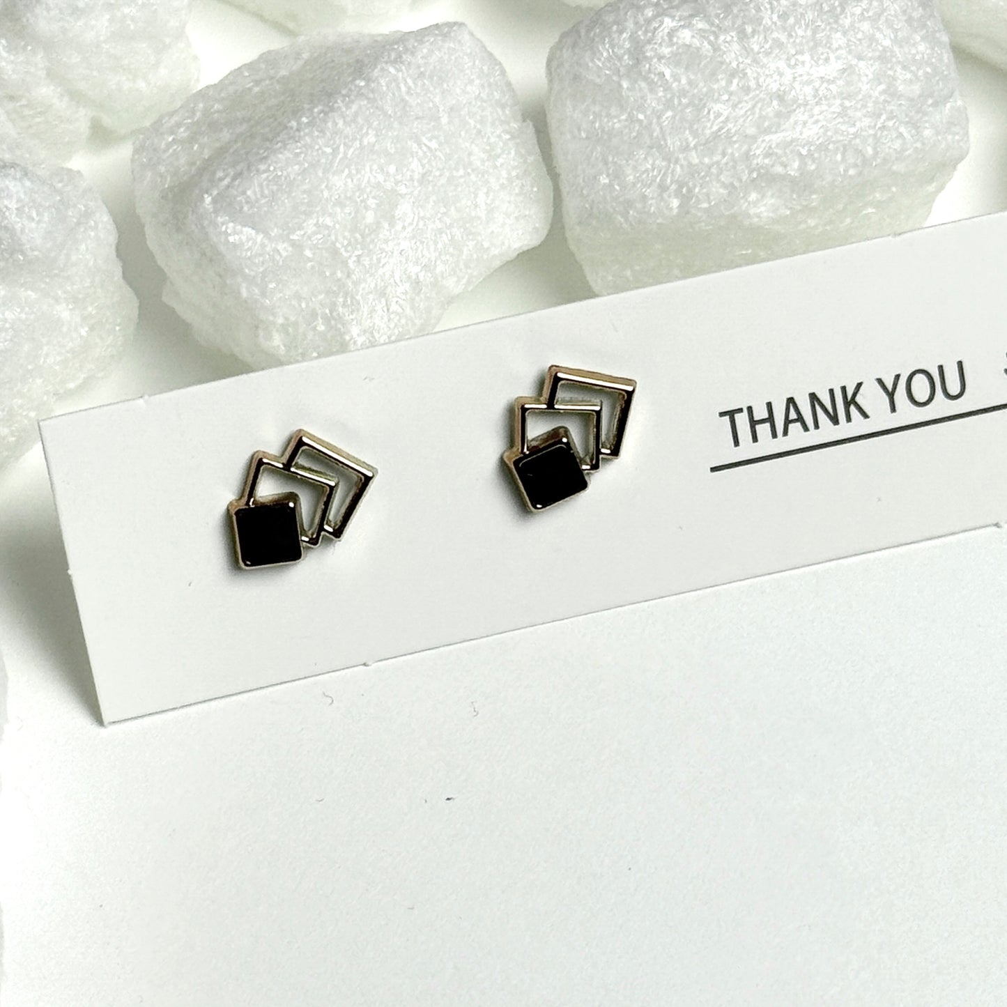 Black Enamel Triple Square Golden Frame Stud Earrings G